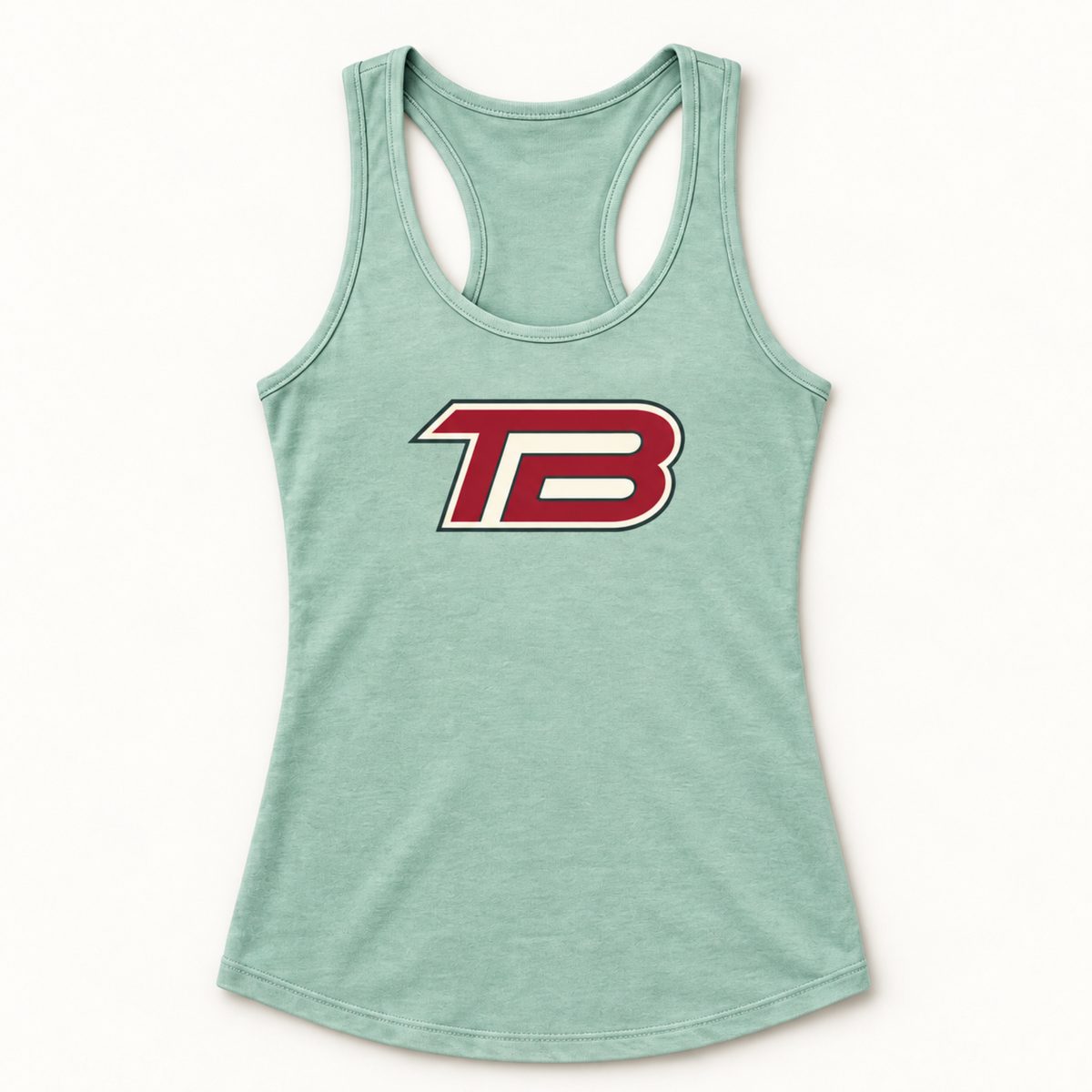 A women's racerback tank top in mint green, featuring a large red and white 'TB' logo on the chest, displayed against a clean white background.