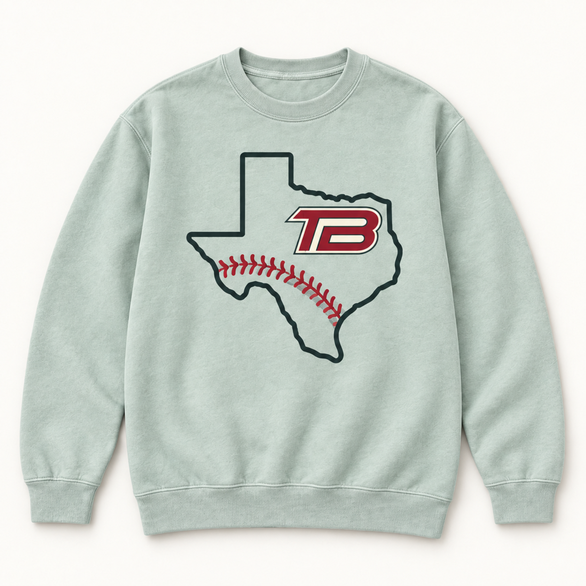 a mint green crewneck sweatshirt featuring a graphic of the state of Texas filled with red baseball stitching and a red 'TB' logo outlined in black.