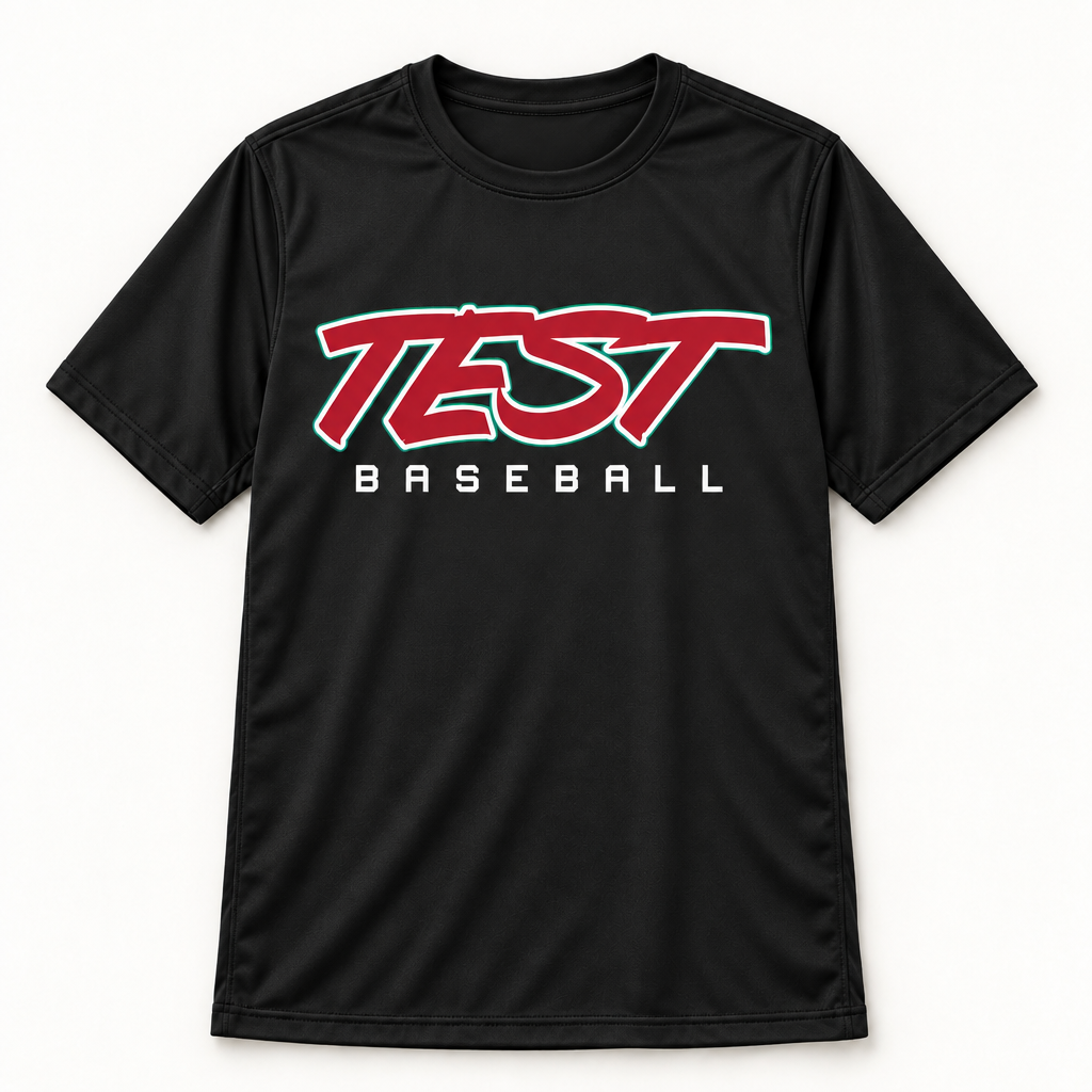 A black short-sleeve crewneck t-shirt featuring a red and white 'TEST BASEBALL' graphic on the front, displayed against a clean white background.
