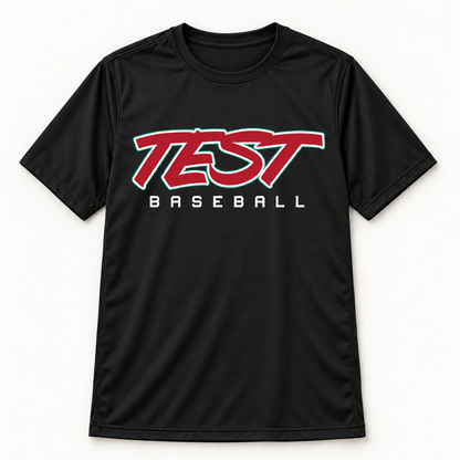A black short-sleeve crewneck t-shirt featuring a red and white 'TEST BASEBALL' graphic on the front, displayed against a clean white background.