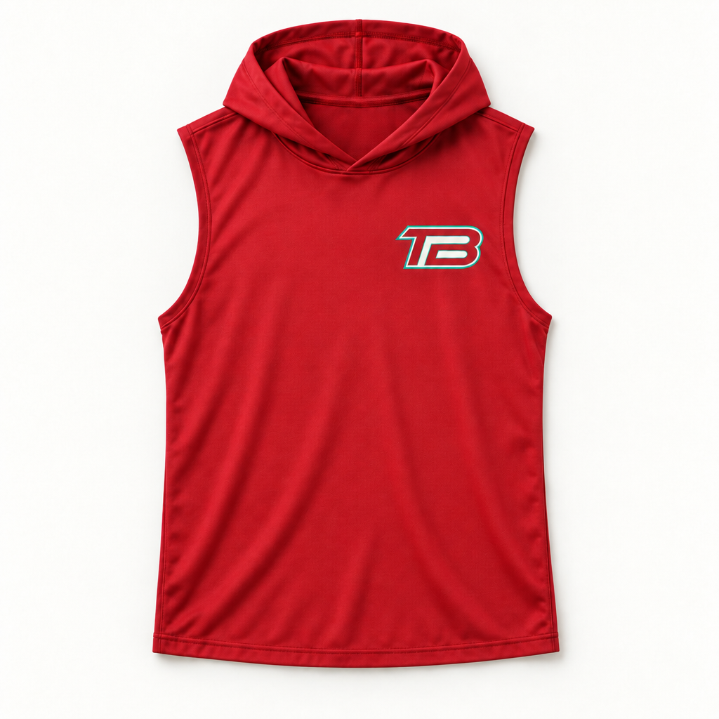 A red sleeveless hooded athletic shirt with a stylized 'TB' logo on the left chest, displayed flat against a white background.