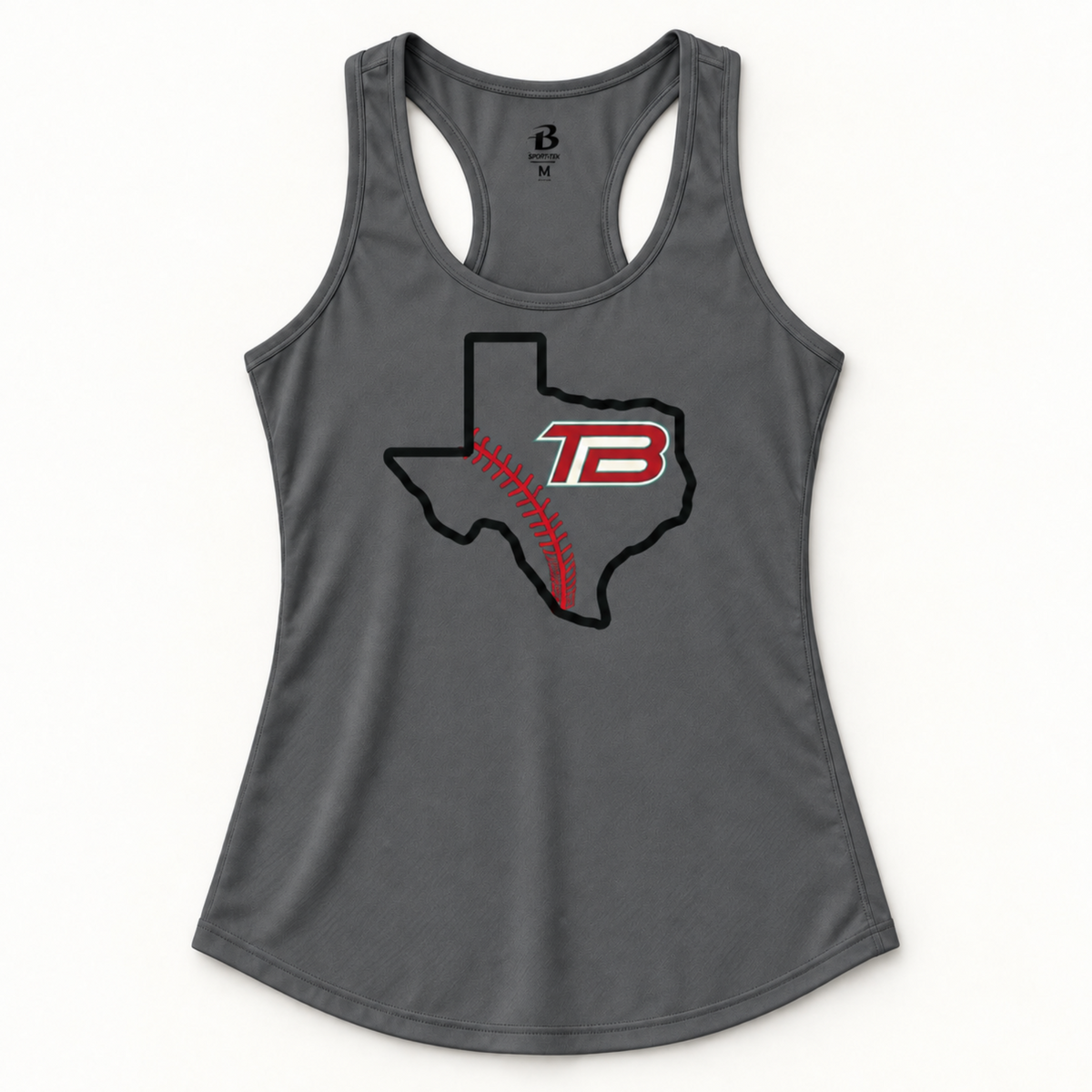 A dark gray racerback tank top featuring a graphic of the state of Texas filled with a baseball design and the letters 'TB' in red and white.