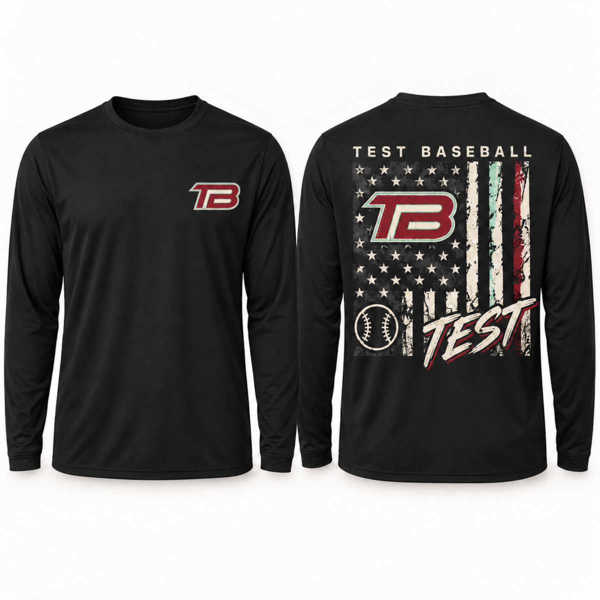Black long-sleeve t-shirt shown from both front and back. The front features a small red and white 'TB' logo on the left chest.