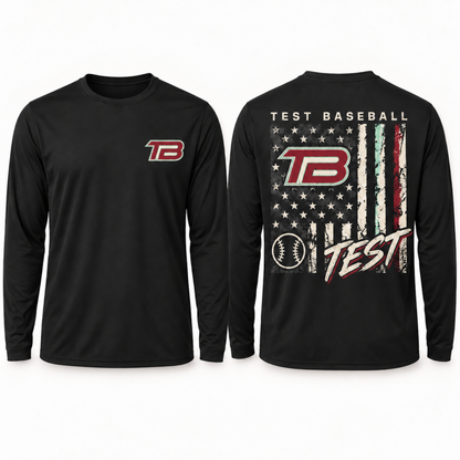 Black long-sleeve t-shirt shown from both front and back. The front features a small red and white 'TB' logo on the left chest.