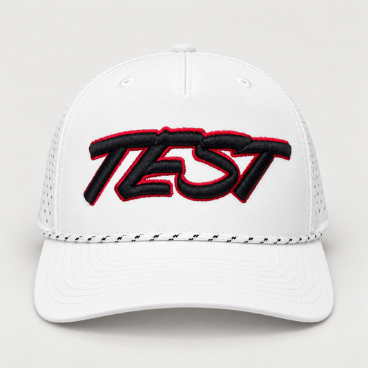 A white trucker-style baseball cap with a large black embroidered 'TEST' logo outlined in red on the front, set against a light gray background.