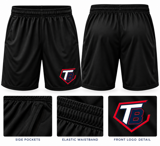Black athletic shorts shown from the front and back, with a small red, white, and blue TB logo on the left leg. Three inset detail images at the bottom highlight side pockets, elastic waistband, and front logo detail.