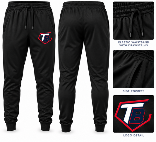 Black jogger sweatpants shown from the front and back, with inset close-ups of the elastic drawstring waistband, side pockets, and a red-and-white TB logo detail. The front left thigh features a small TB shield logo.