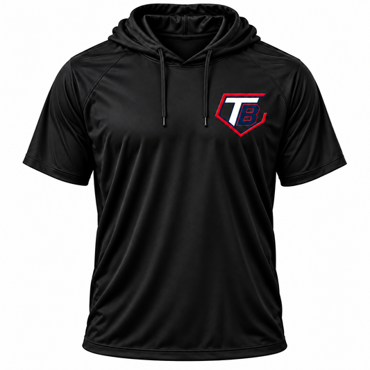A black short-sleeve athletic pullover hoodie with a drawstring hood and raglan sleeves, featuring a red, white, and blue 'TB' shield logo on the left chest, shown on a plain white background.