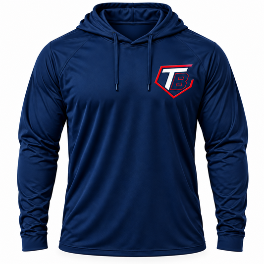 A navy blue long-sleeve performance hoodie with a drawstring hood and raglan sleeves, featuring a stylized 'TB' shield logo on the left chest in white and red.