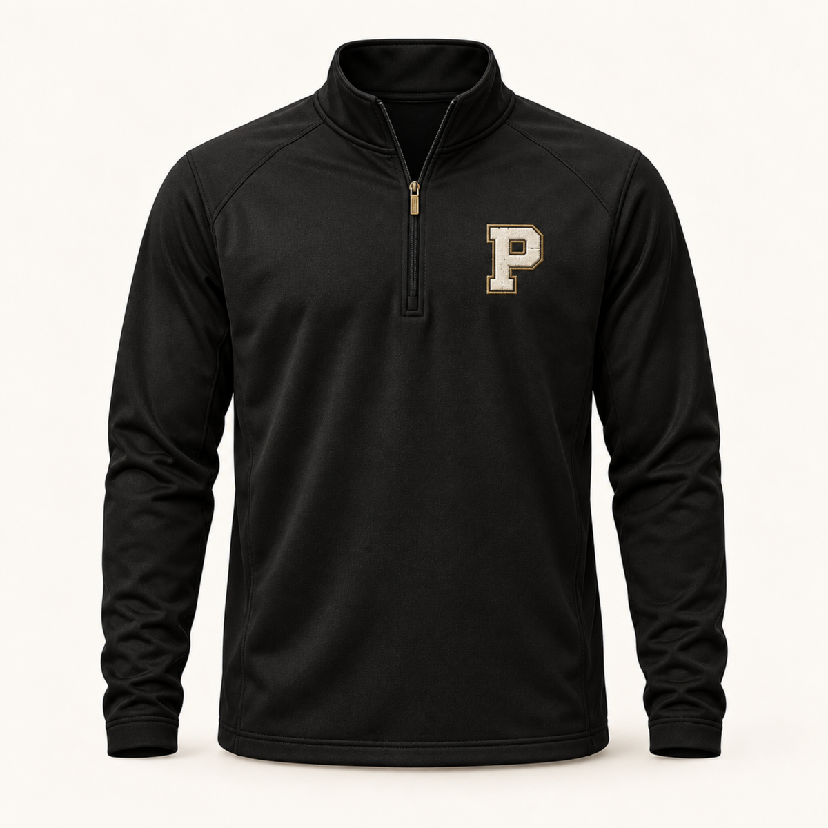 A black long-sleeve quarter-zip pullover jacket with a black zipper and a gold and white embroidered letter 'P' on the left chest, displayed on a clean off-white background.