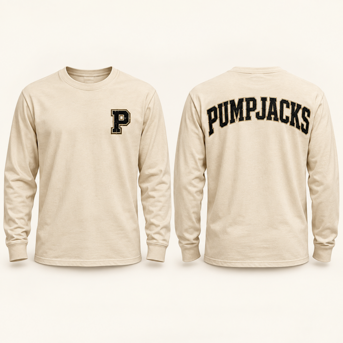 A cream-colored long-sleeve t-shirt shown from both the front and back. The front features a black block letter 'P' outlined in gold on the left chest.