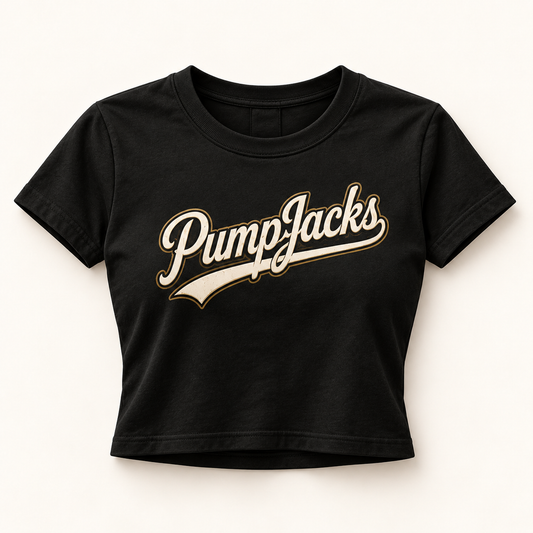 PumpJacks Baseball Script Cropped Tee – Black