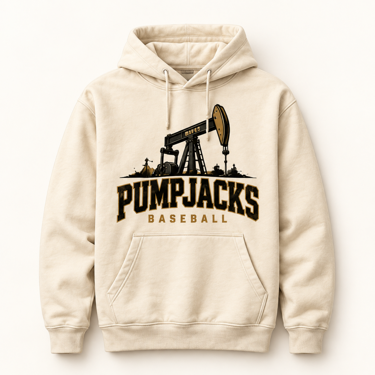 A cream-colored pullover hoodie featuring a graphic print of an oil pumpjack and the text 'PUMPJACKS BASEBALL' in black and gold, displayed against a clean off-white background.