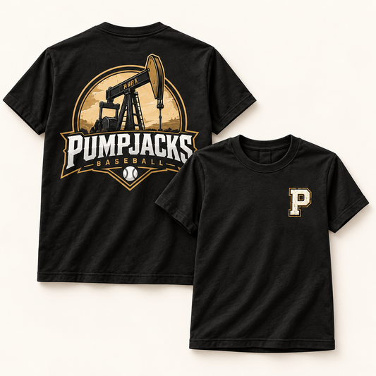 PumpJacks Baseball Black Front & Back Logo Tee