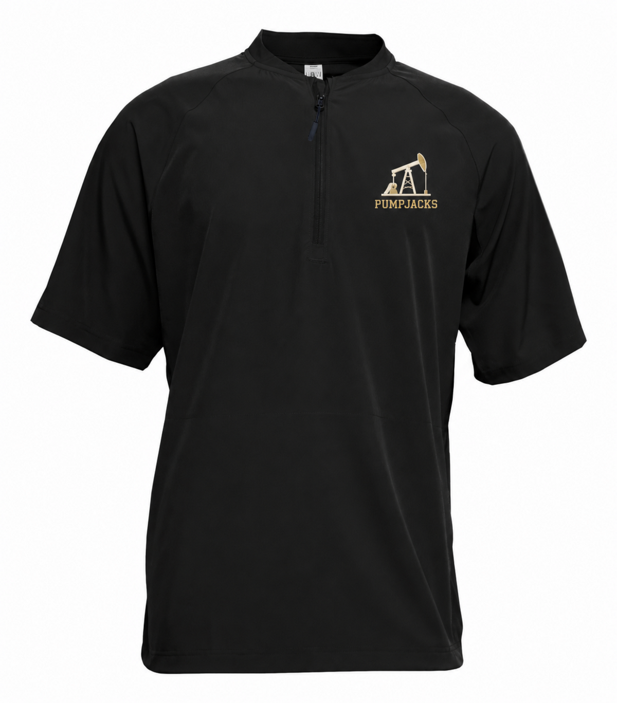A black short-sleeve quarter-zip pullover shirt with a gold and white 'PUMPJACKS' logo and oil pump jack graphic on the left chest, displayed on a clean white background.