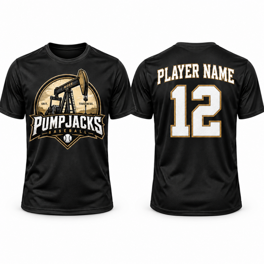 Front and back views of a black short-sleeve t-shirt. The front features a circular graphic with an oil pump illustration and the text 'PUMPJACKS BASEBALL' in white and gold.