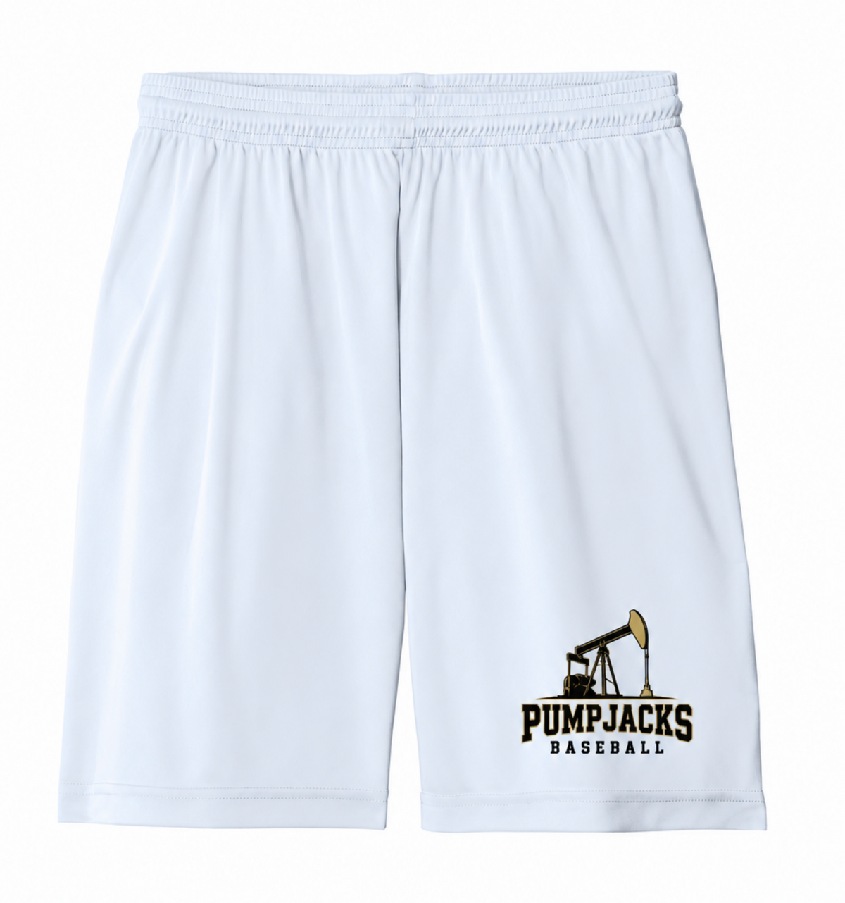 White athletic shorts with an elastic waistband and a black and gold 'Pumpjacks Baseball' logo on the lower left leg, displayed against a plain white background.