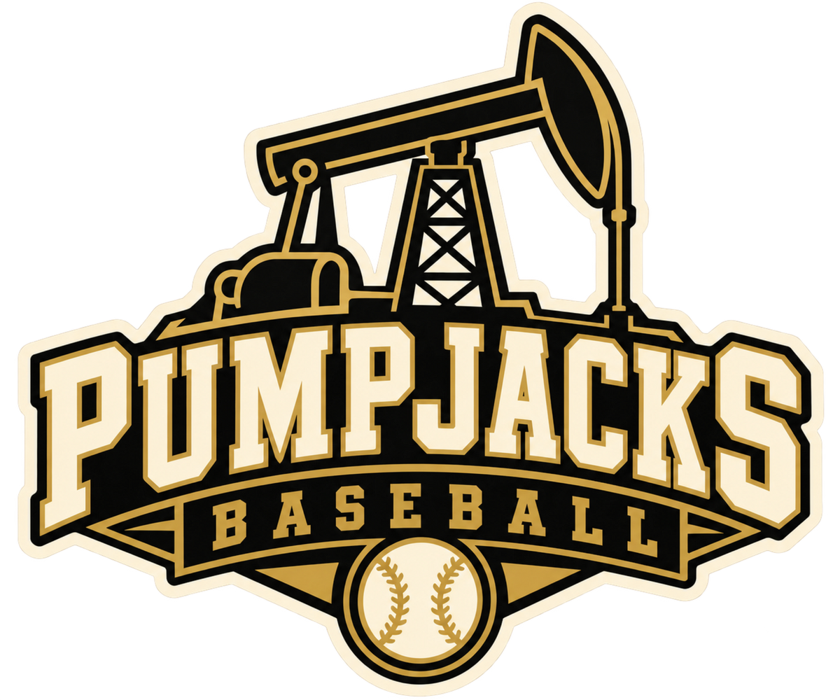 Pumpjacks Baseball team logo featuring a black and gold oil pump illustration above the words 'PUMPJACKS BASEBALL' in cream and black, with a baseball emblem at the bottom, on a white background.