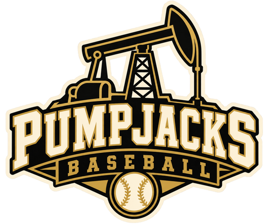 Pumpjacks Baseball team logo featuring a black and gold oil pump illustration above the words 'PUMPJACKS BASEBALL' in cream and black, with a baseball emblem at the bottom, on a white background.