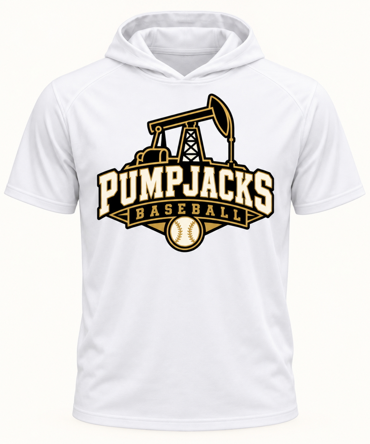 A white short-sleeve athletic hoodie featuring a large 'Pumpjacks Baseball' graphic on the chest in gold, brown, and white, displayed on a clean white background.