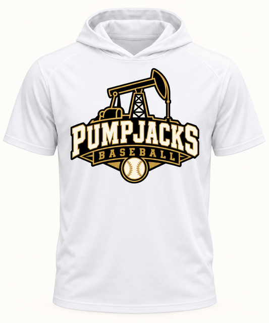 A white short-sleeve athletic hoodie featuring a large 'Pumpjacks Baseball' graphic on the chest in gold, brown, and white, displayed on a clean white background.