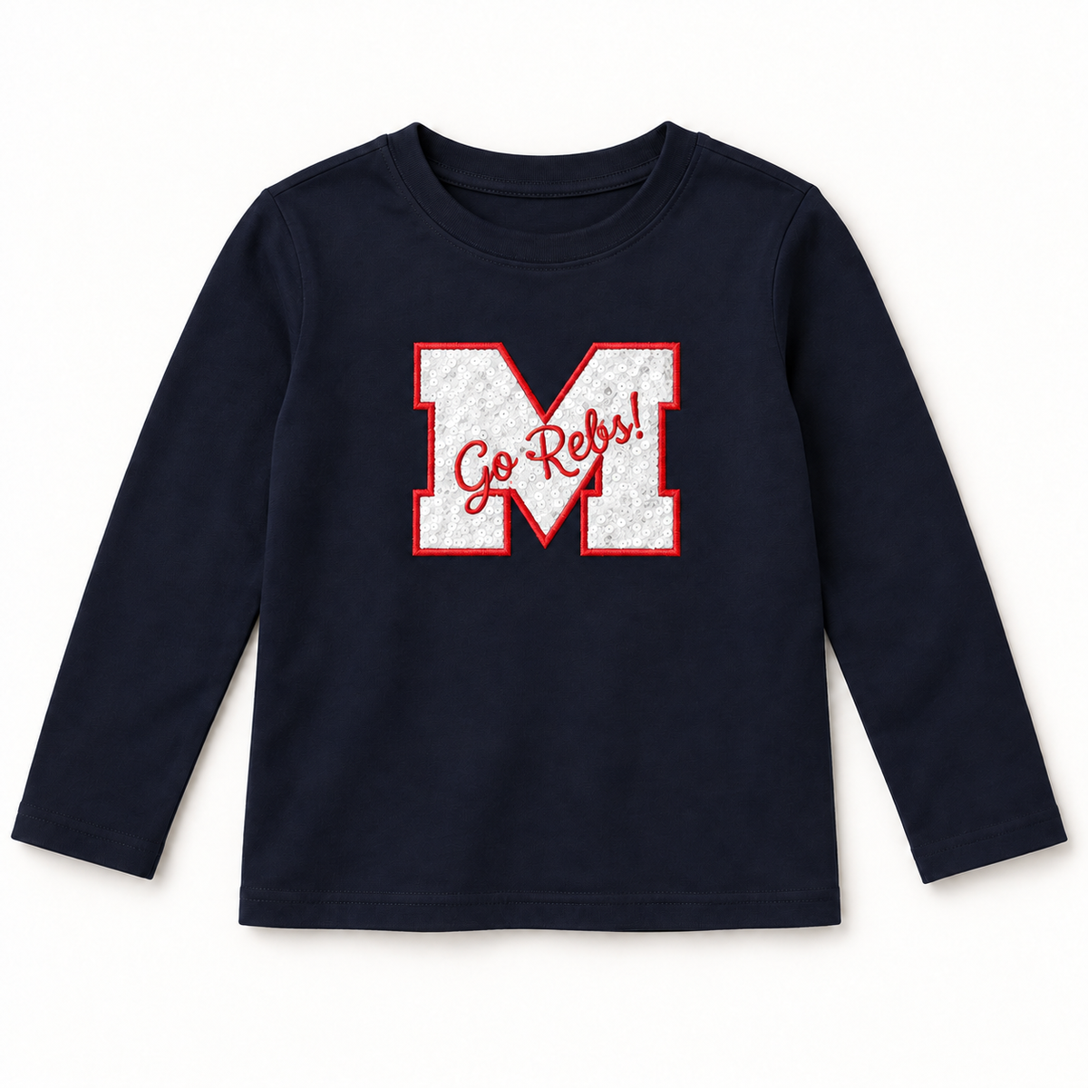 Go Rebs! White Sequin M Youth Long Sleeve Shirt – Navy