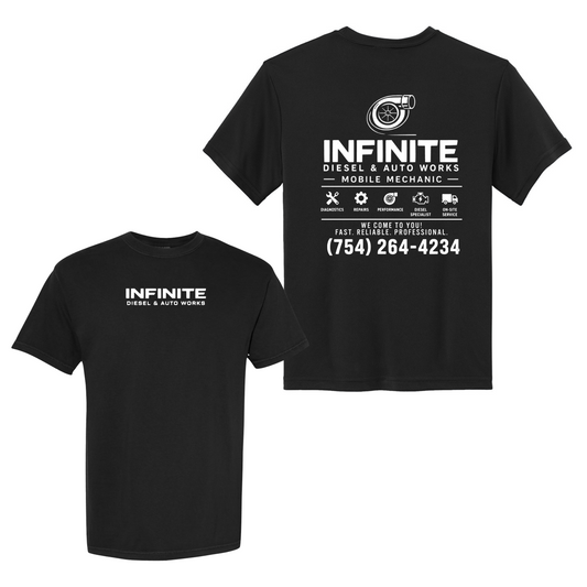 Black t-shirt with 'Infinite Diesel & Auto Works' branding on a white background