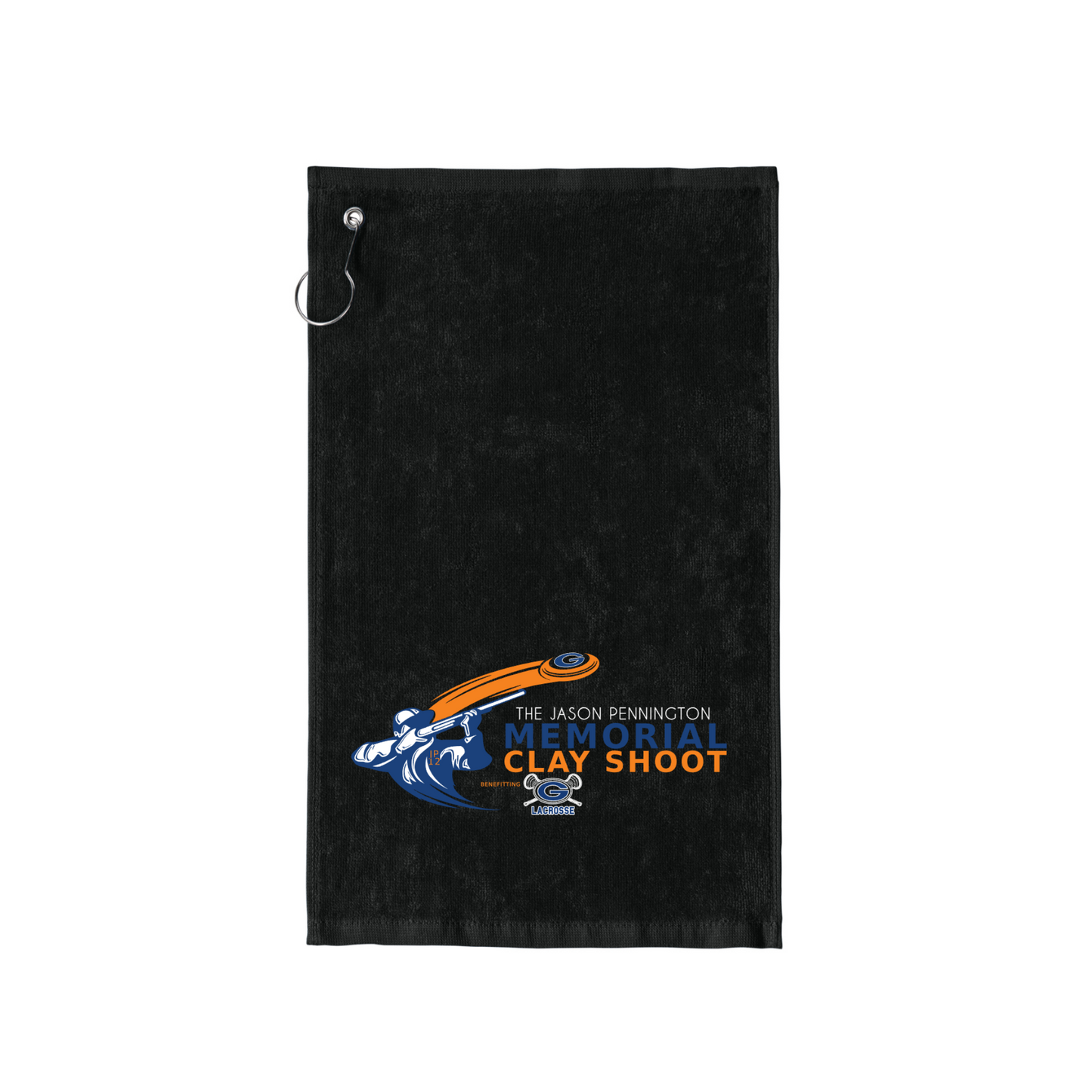 A black golf towel with a metal hanging loop at the top left, featuring a printed 'The Jason Penninton Memorial Clay Shoot' logo in blue, orange, and white near the bottom center.