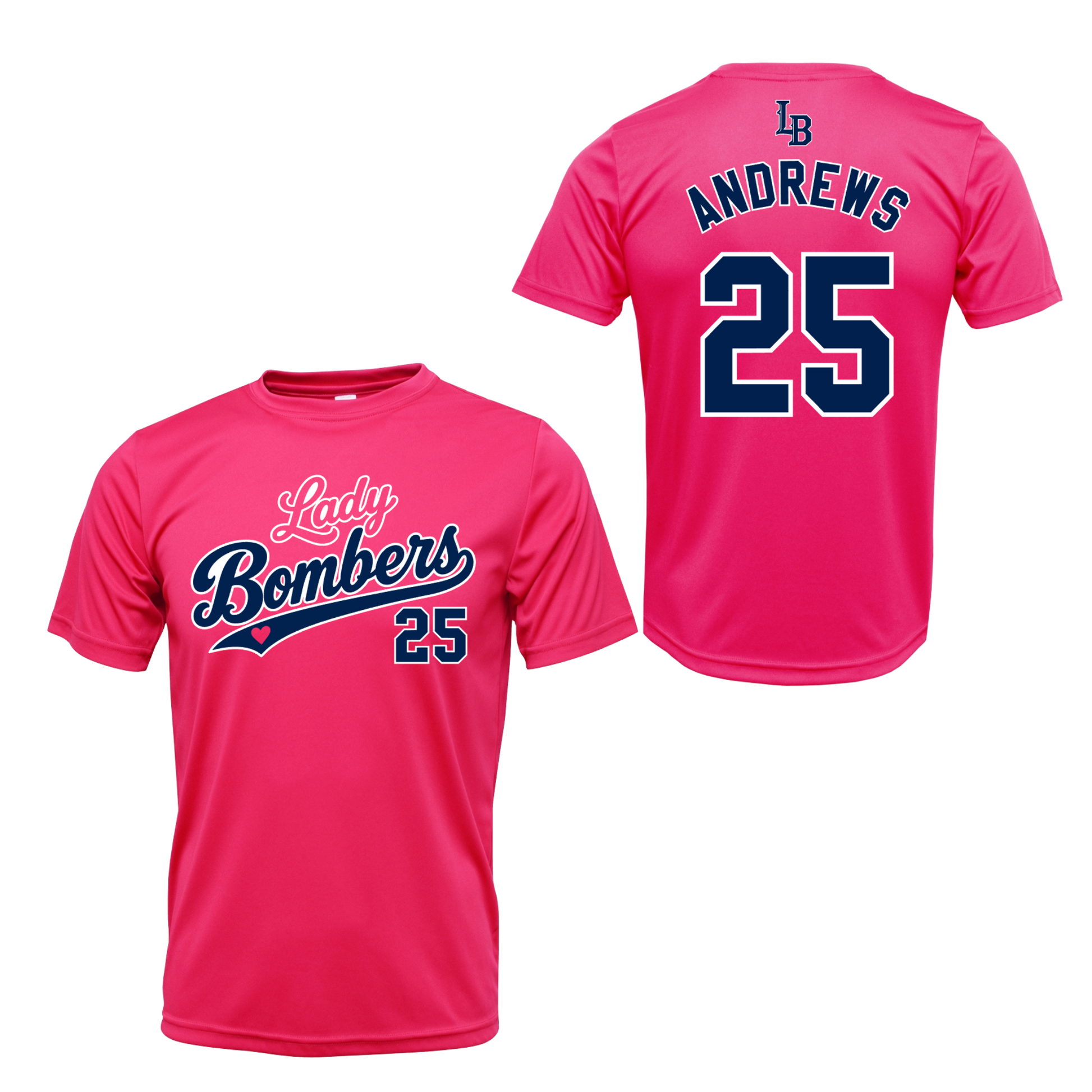 Lady Bombers personalized pink softball practice jersey with player name and number