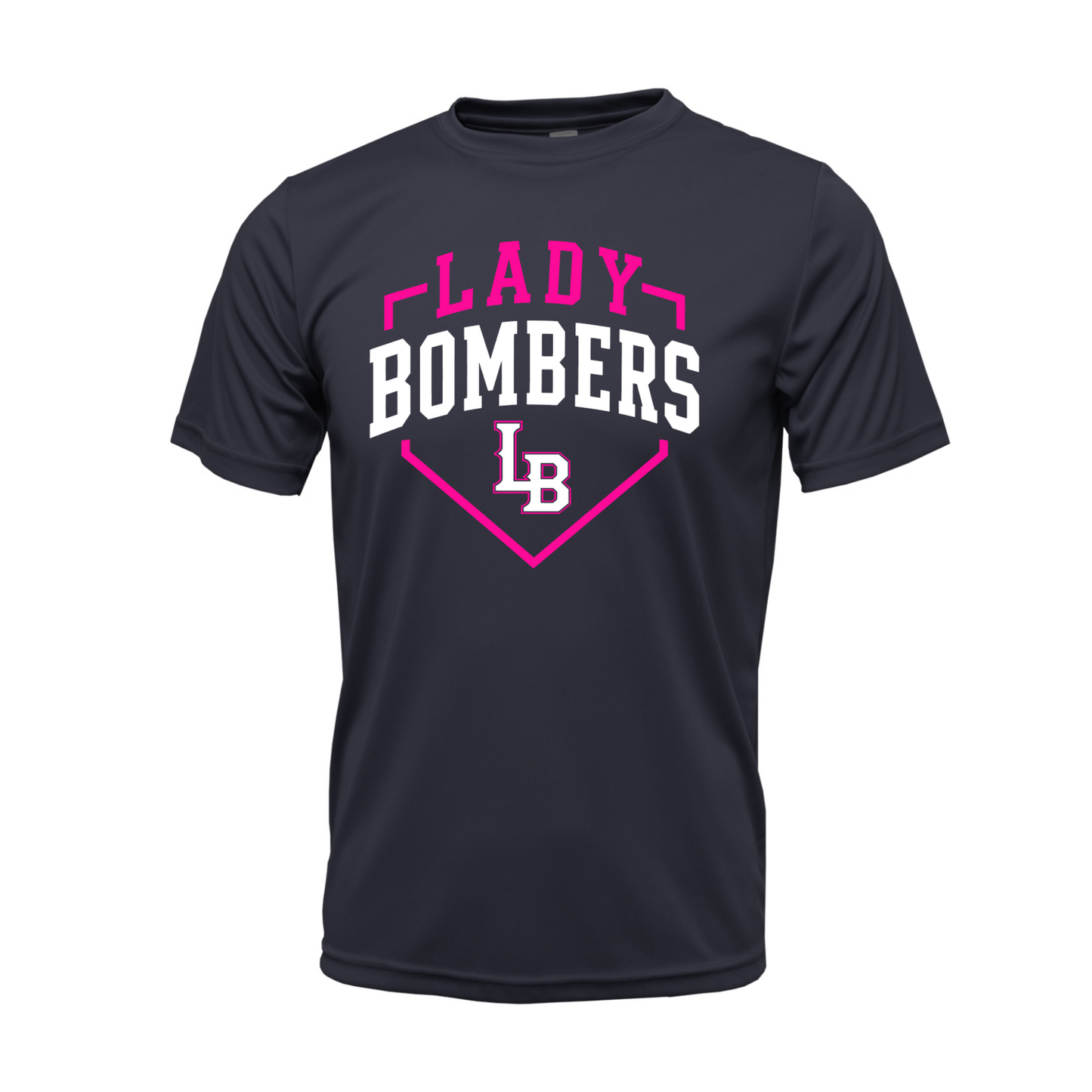 Navy Lady Bombers Softball performance tee with hot pink white varsity design and LB logo