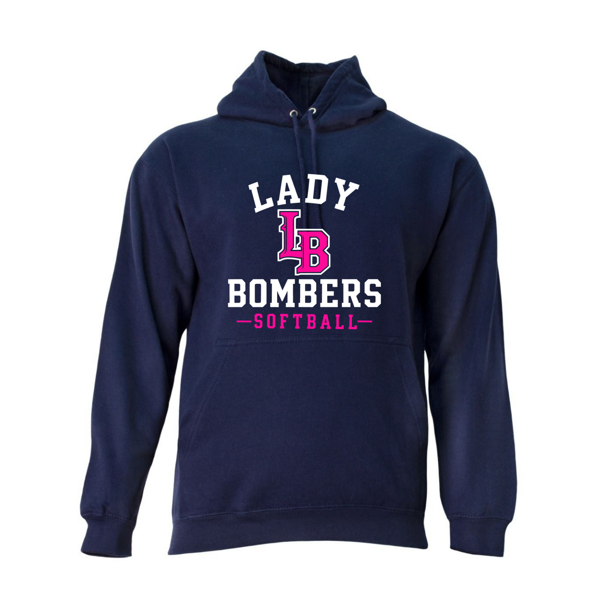 Navy Lady Bombers Softball pullover hoodie with pink white LB team logo