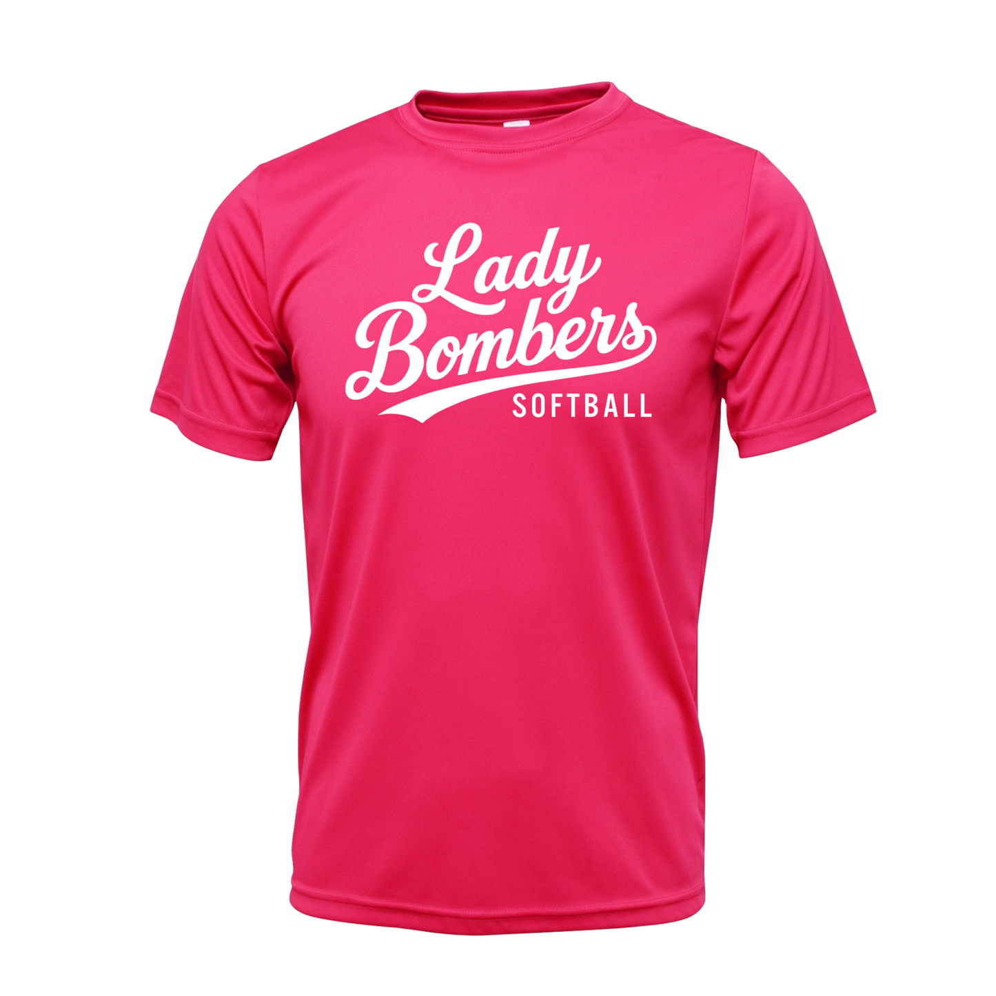 Hot pink Lady Bombers Softball performance shirt with white script logo