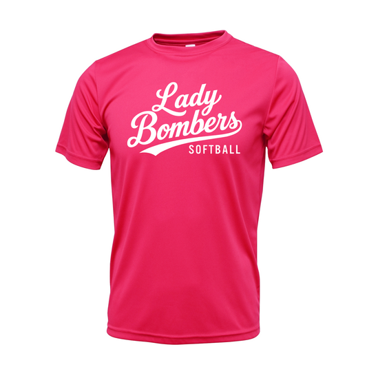 Hot pink Lady Bombers Softball performance shirt with white script logo