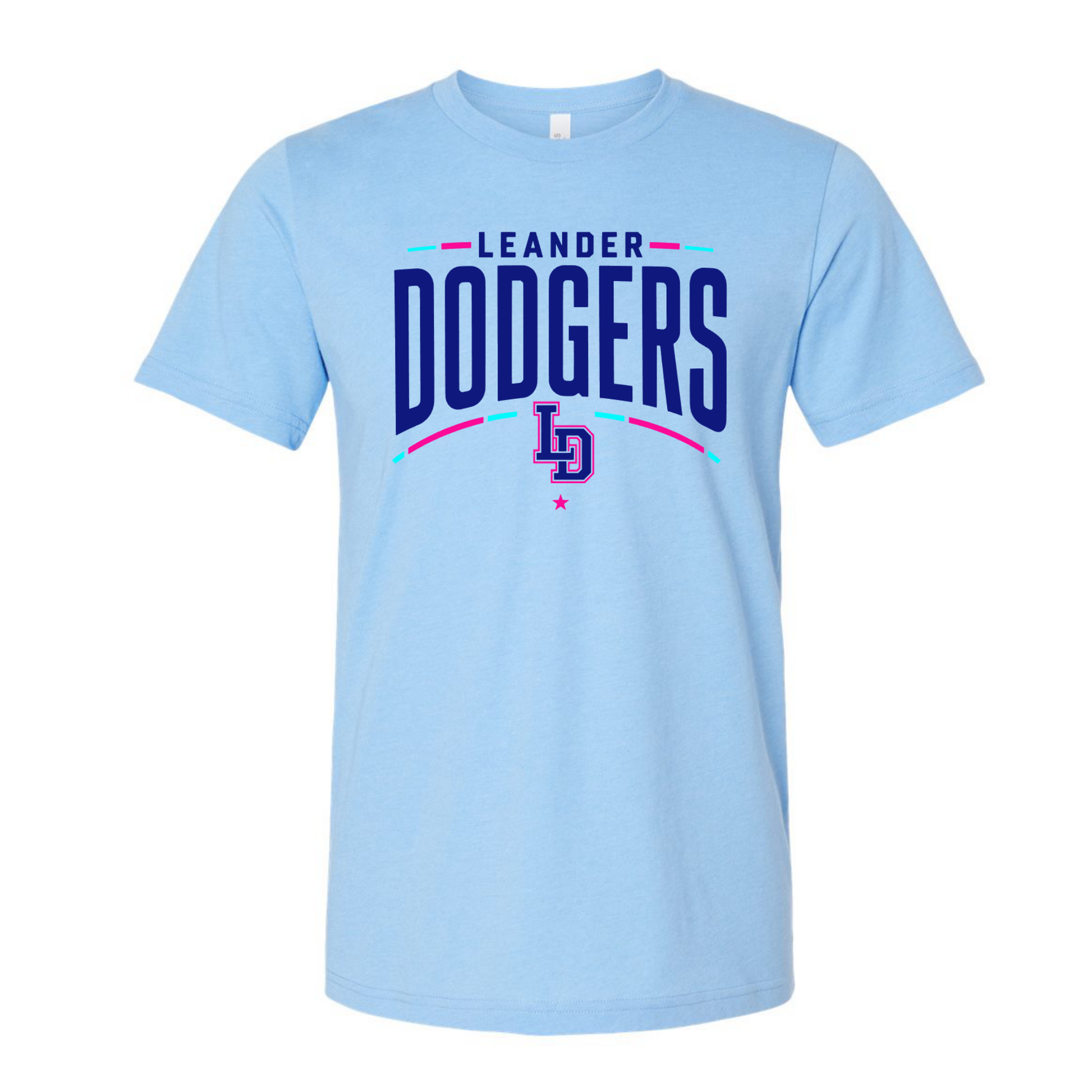 Carolina blue Leander Dodgers baseball T-shirt with royal blue lettering, LD logo and bright pink and aqua accents