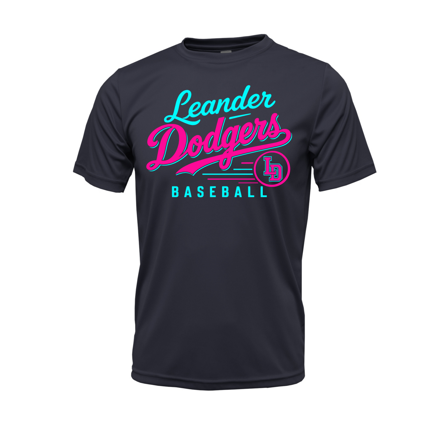 Navy Leander Dodgers baseball performance shirt with bright aqua and pink script design and LD logo