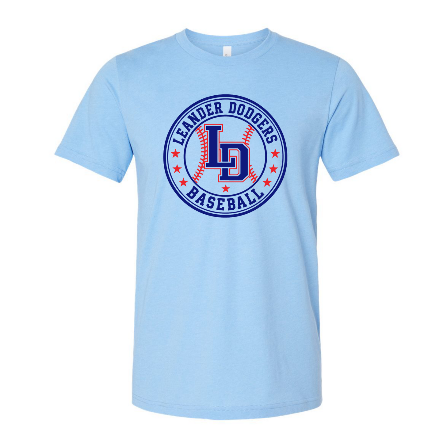 Carolina blue Leander Dodgers Baseball T-shirt with circular royal blue and red LD baseball logo