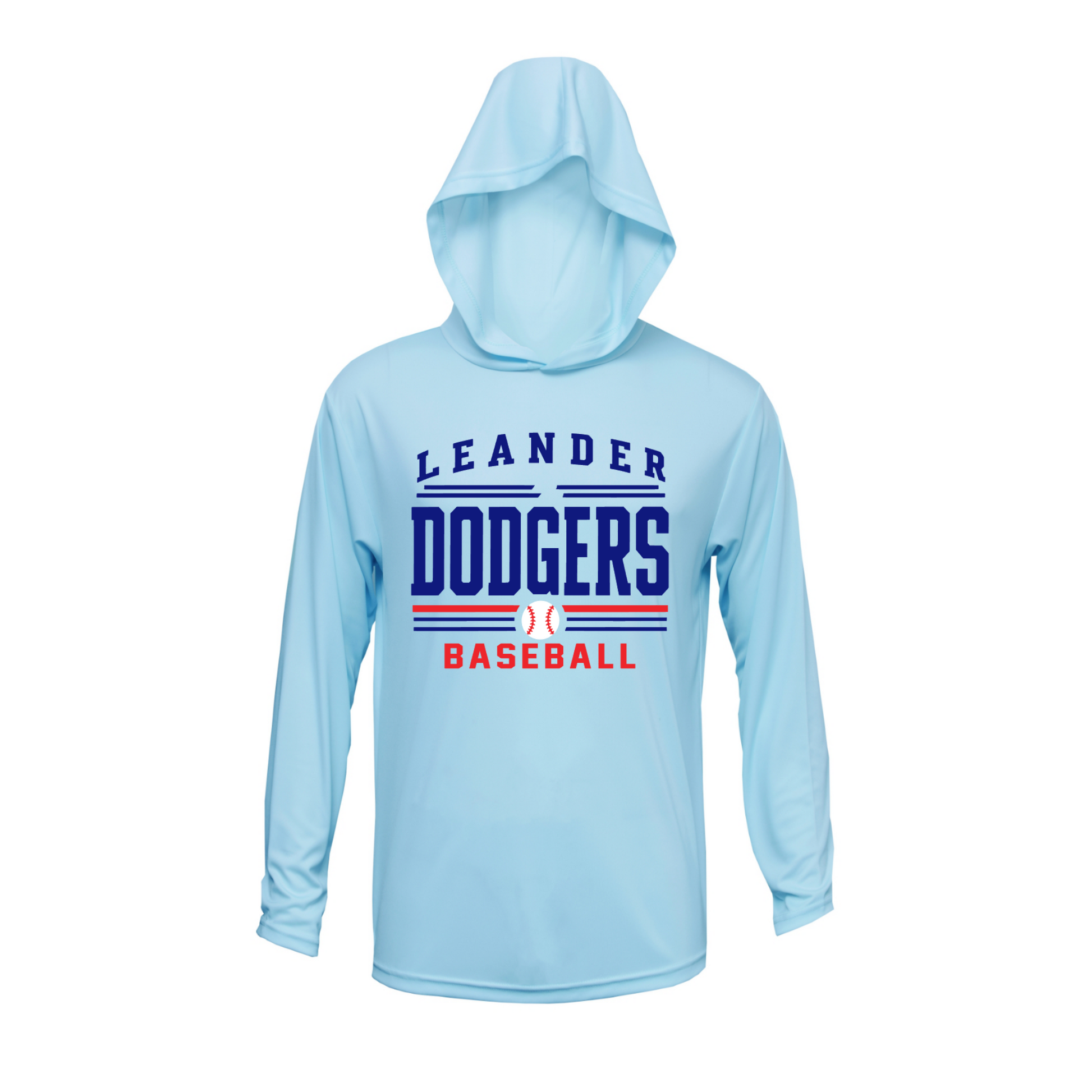 Light blue Leander Dodgers Baseball long sleeve hooded performance shirt with royal blue and red team design