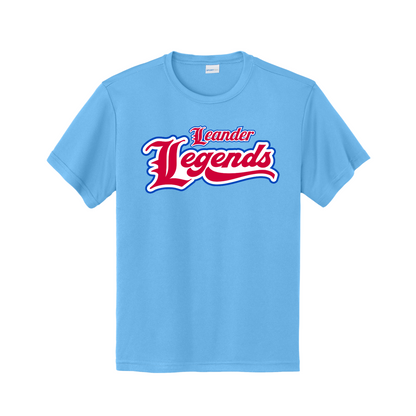 A light blue short-sleeve crewneck t-shirt featuring a red and white graphic on the chest that reads 'Leander Legends' in a stylized script font, displayed against a solid white background.