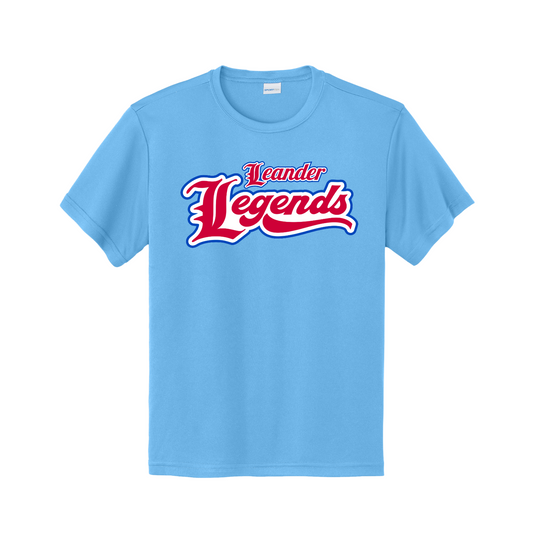 A light blue short-sleeve crewneck t-shirt featuring a red and white graphic on the chest that reads 'Leander Legends' in a stylized script font, displayed against a solid white background.
