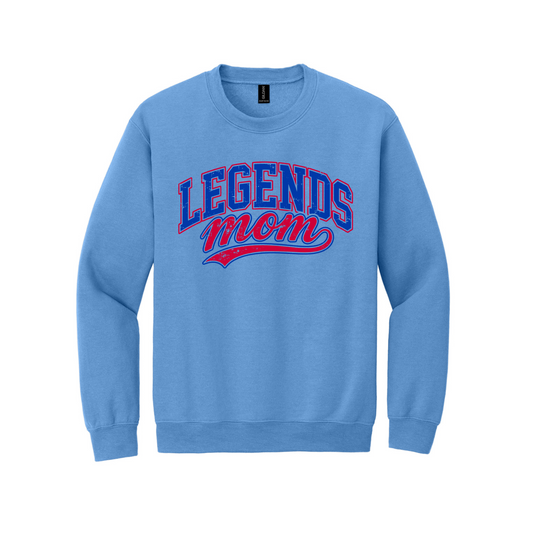A light blue crewneck sweatshirt featuring a 'LEGENDS mom' graphic on the chest in red and dark blue, displayed on a clean white background.