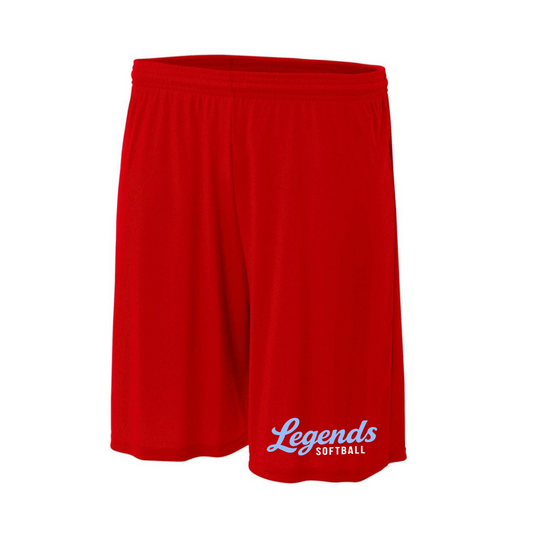 Red athletic shorts with a white and blue 'Legends SOFTBALL' logo on the lower left leg, shown against a plain white background.