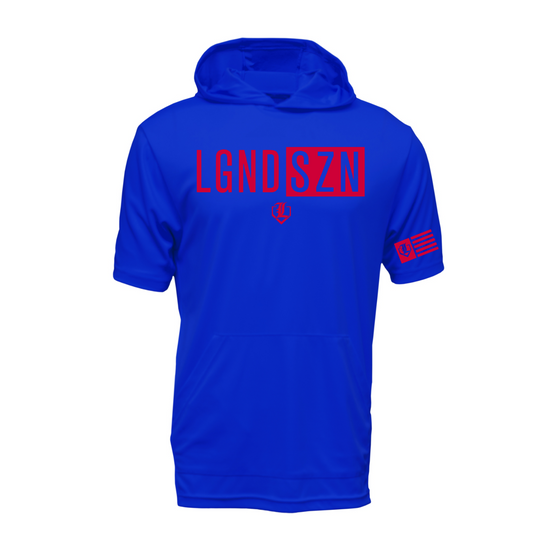 A royal blue short-sleeve hooded shirt with red graphic text reading 'LGNDSZN' across the chest and a small red logo below it, plus a red graphic on the sleeve, shown on a plain white background.