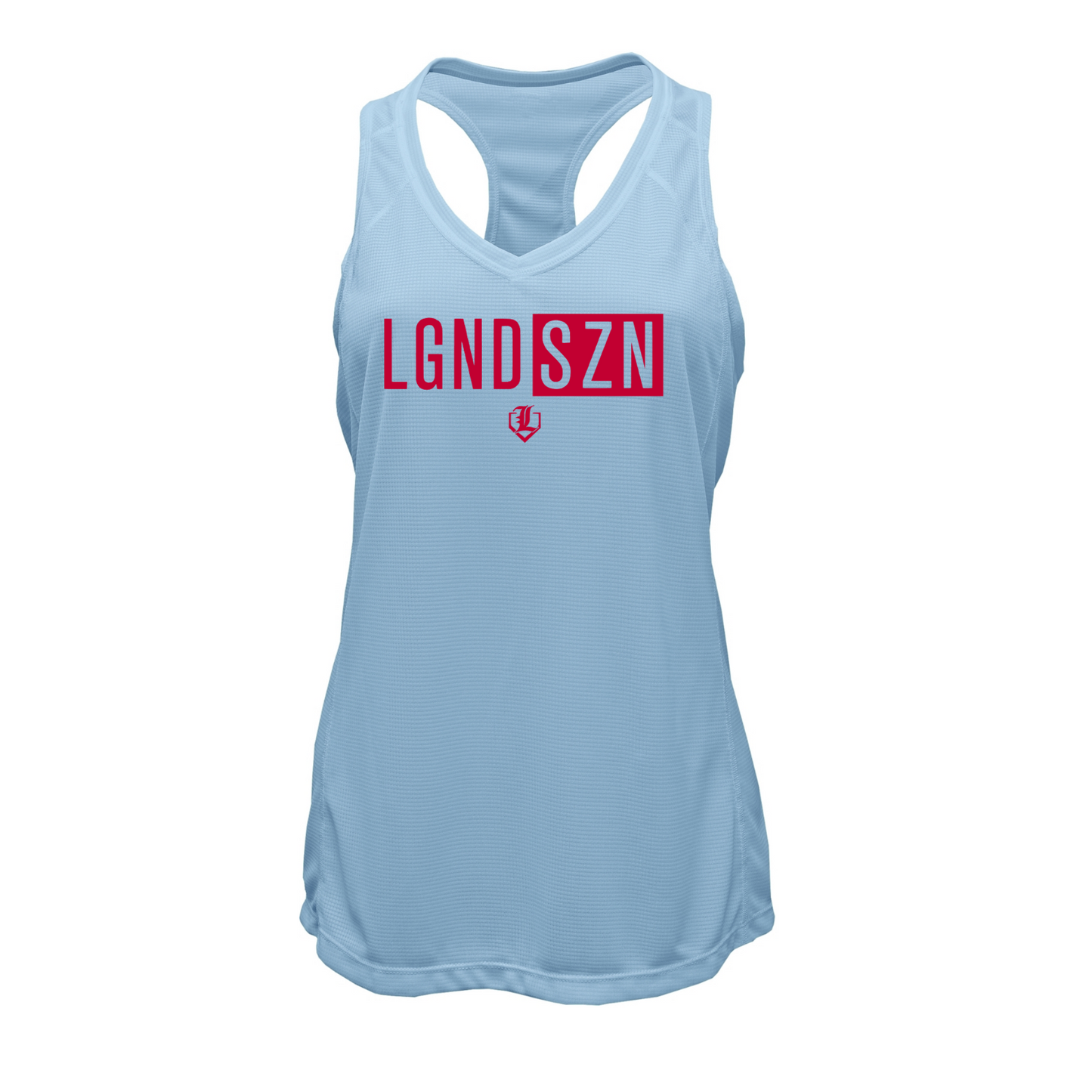 LGND SZN women's light blue performance racerback tank with red baseball design