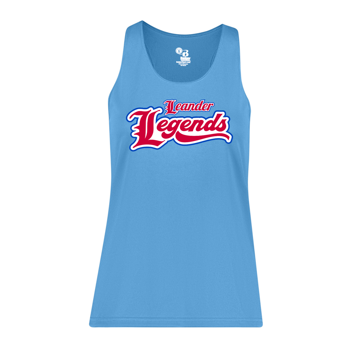 Leander Legends women's Carolina blue performance tank with red white and blue baseball logo