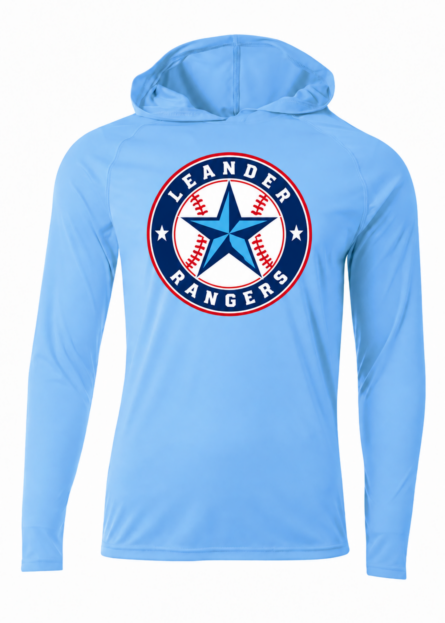 Leander Rangers Baseball light blue long sleeve performance hoodie with star baseball logo