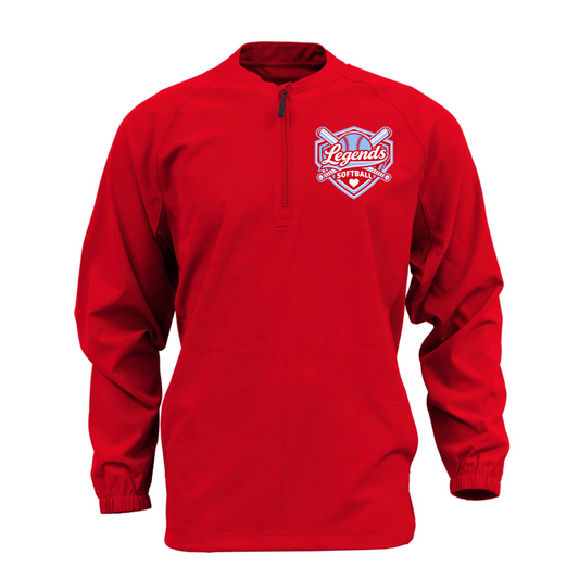 Legends Softball red quarter zip cage jacket with left chest team logo