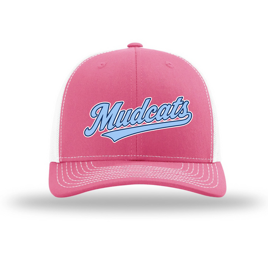 A pink trucker-style baseball cap with white mesh side panels and a curved brim, featuring the word 'Mudcats' embroidered in light blue script on the front, shown on a white background with a soft shadow.