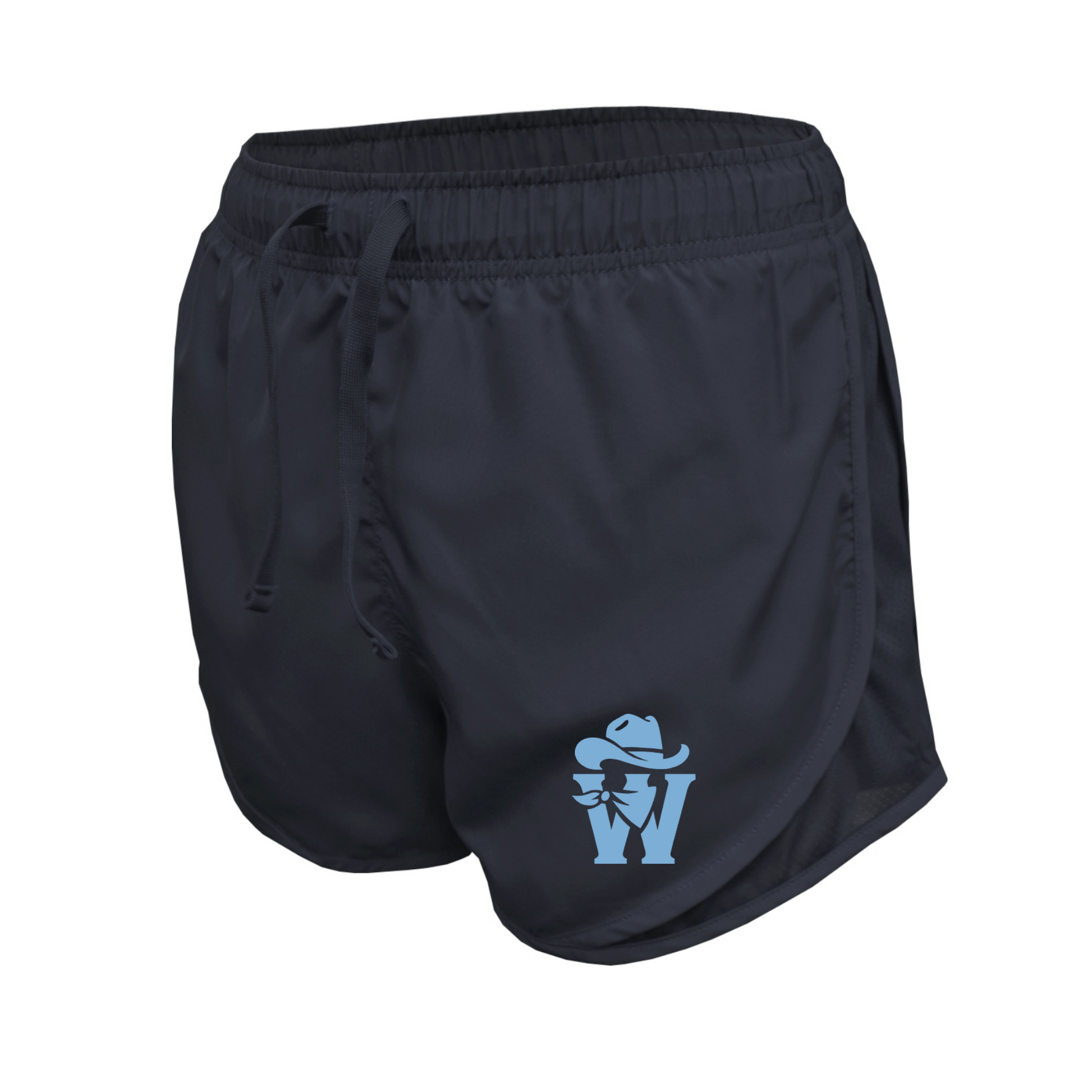 Black athletic shorts with a light blue 'W' logo featuring a cowboy hat on the lower left leg, shown against a plain white background.