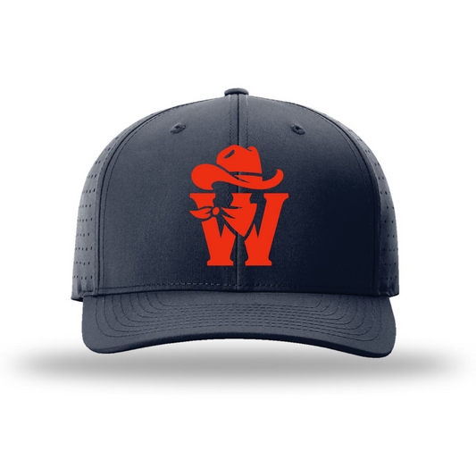 A dark navy blue trucker-style baseball cap with a bright orange graphic logo on the front, displayed against a clean white background with a soft drop shadow.