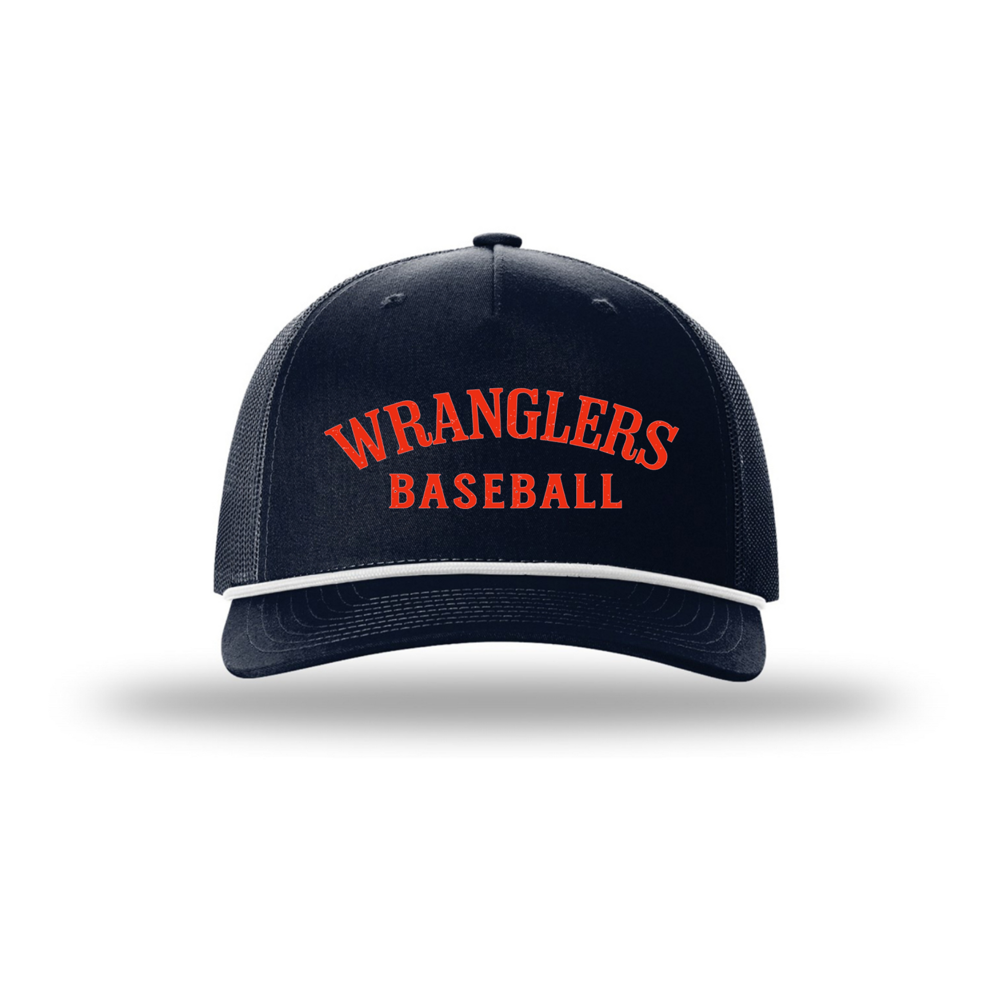 A navy blue trucker-style baseball cap with orange embroidered text reading 'WRANGLERS BASEBALL' on the front, plus a thin white stripe along the brim, shown on a clean white background.